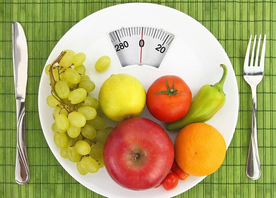 Fruit and vegetables on scales